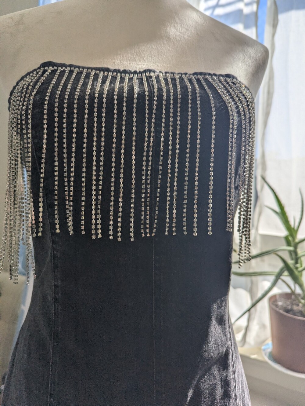 Rylie Washed Black Denim Strapless Fringe Mini Dress. 12th Tribe